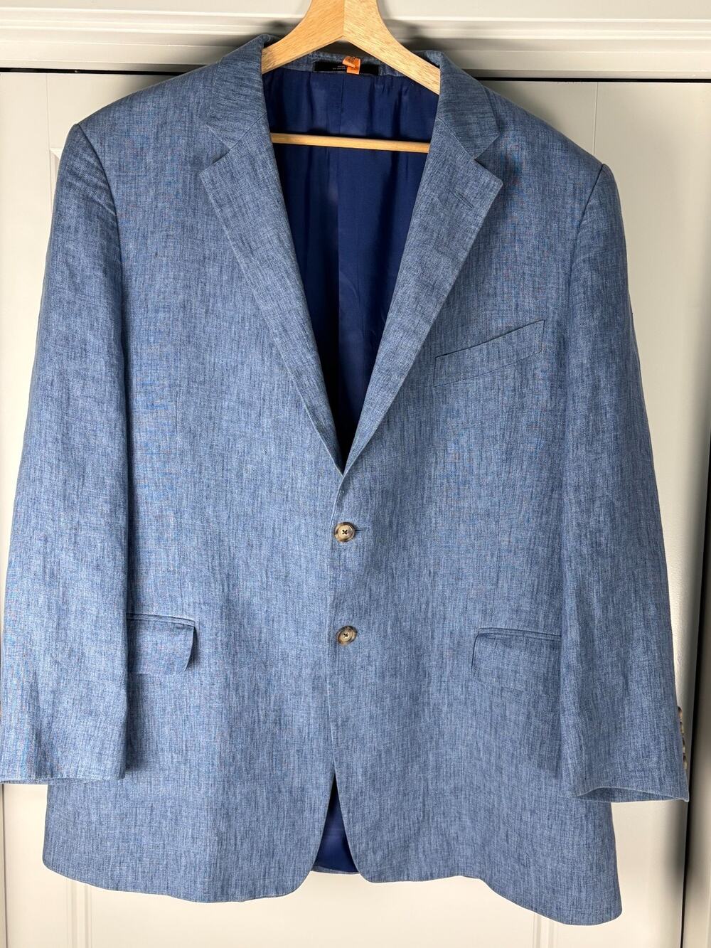 John W Nordstrom Mens 46R Linen Sport Coat Blue Blazer Made USA 2 Button